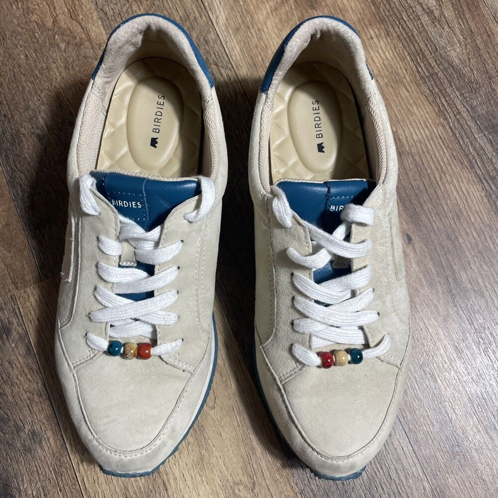 Birdies Suede Sneakers Womens 8 Cream Blue Lace Up Comfort Casual